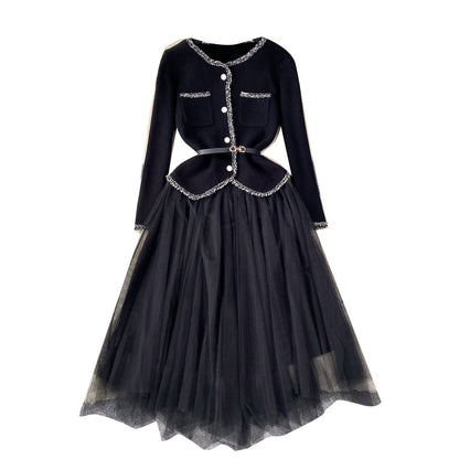 Elegant Cardigan&Slip Mesh Dress 2Pcs
