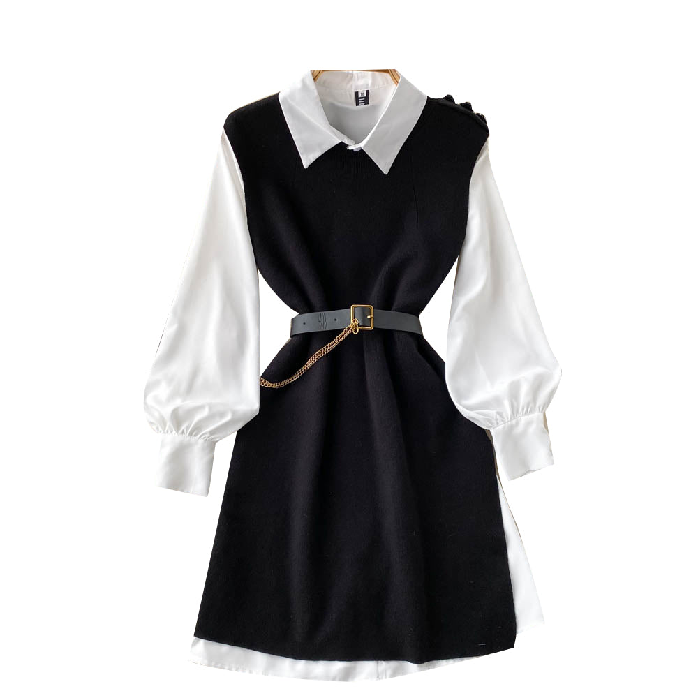 Niche White Shirt&Knitted Waistcoat Dress 2PCS