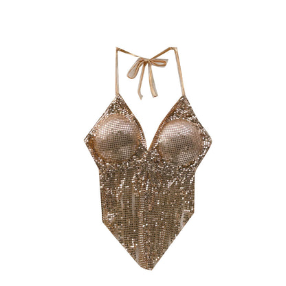 Disco Sequin Halter Vest with Long Tassels