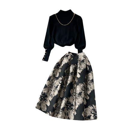 Elegant Knit Floral Jacquard Skirt Set