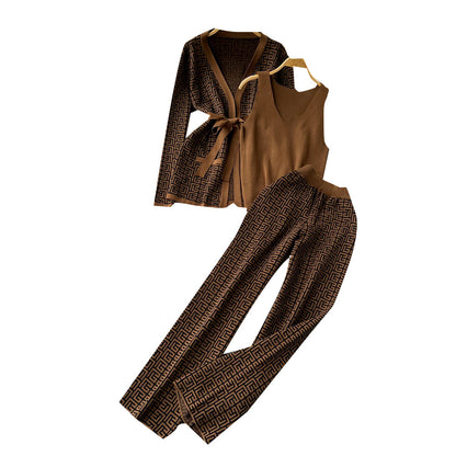 Printed Cardigan&Bottom Vest&Wide-leg Trousers