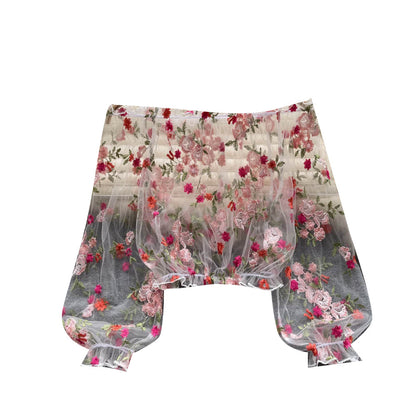 Delicate Floral Embroidery Neckline Blouse