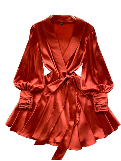 Shawl Collar Satin Wrap Dress