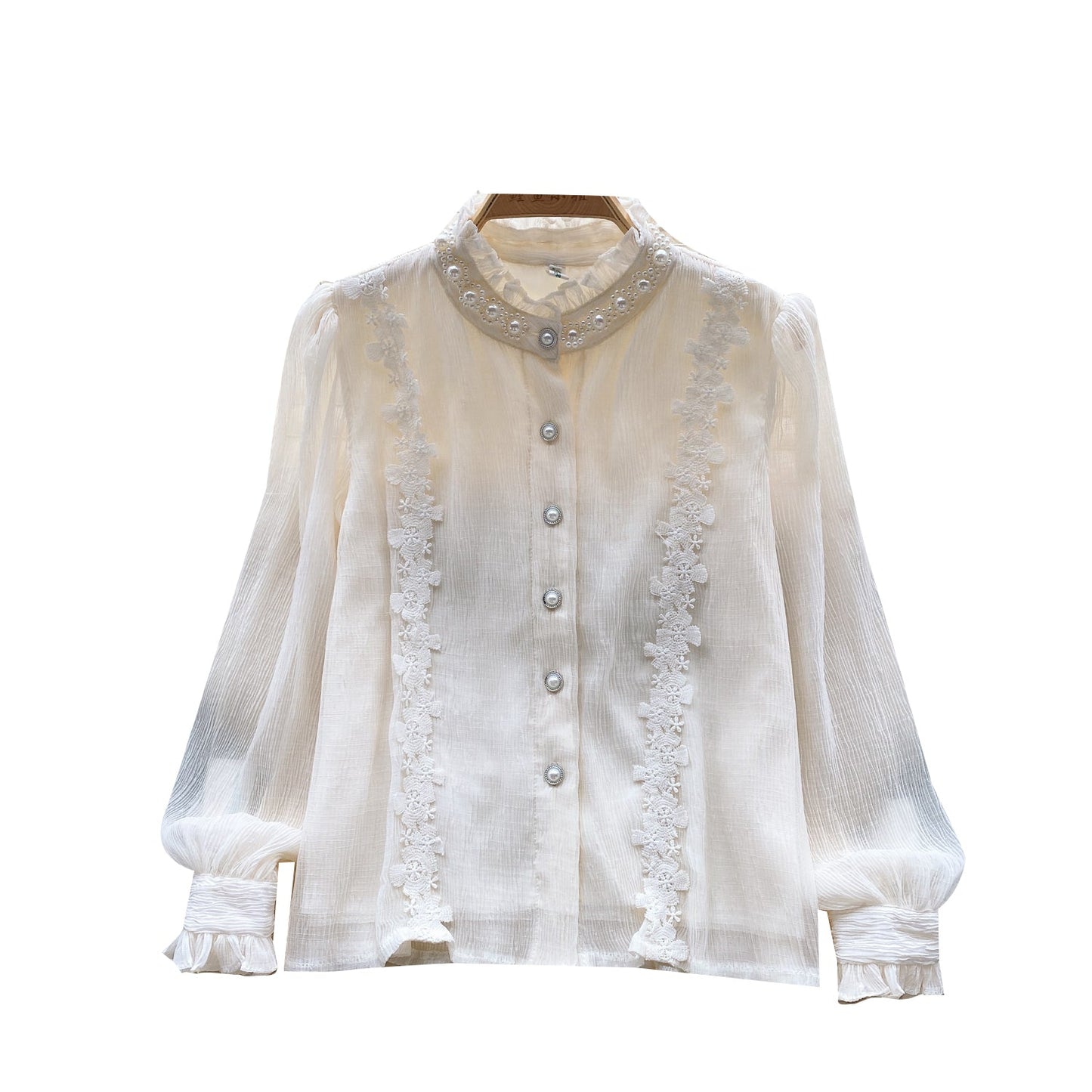 Courtly Long-sleeve Embroidery Lace Blouse