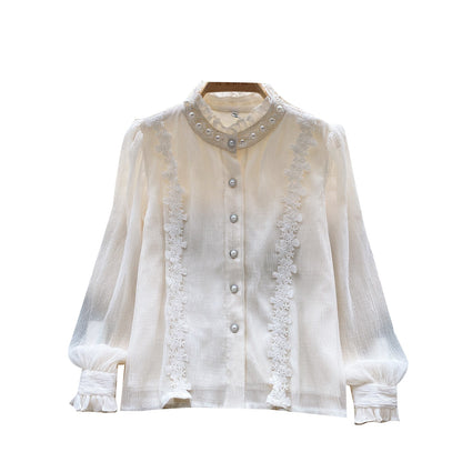 Courtly Long-sleeve Embroidery Lace Blouse