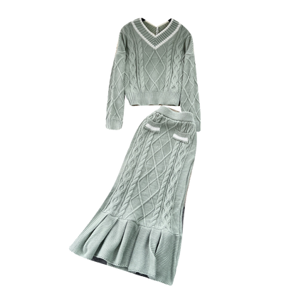 Twist-knitting Sweater&Fishtail Skirt 2Pcs