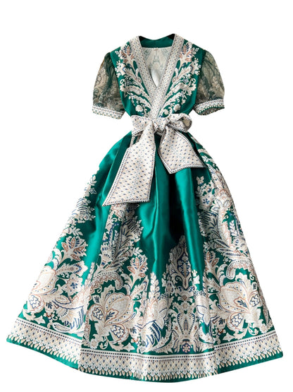 Courtly V-neck Bow Floral Dress