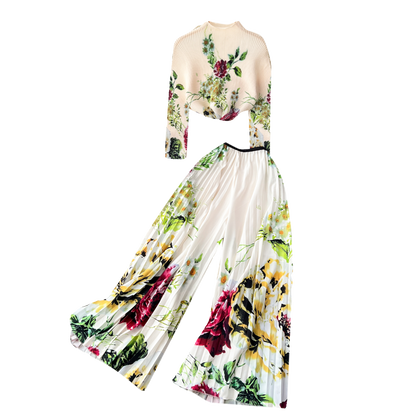 Pleated Knitwear&Wide-leg Trousers Printed 2Pcs