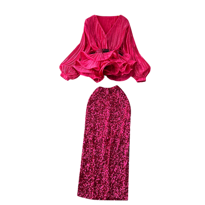 Glam Ruffle Blouse & Sequin Skirt Ensemble