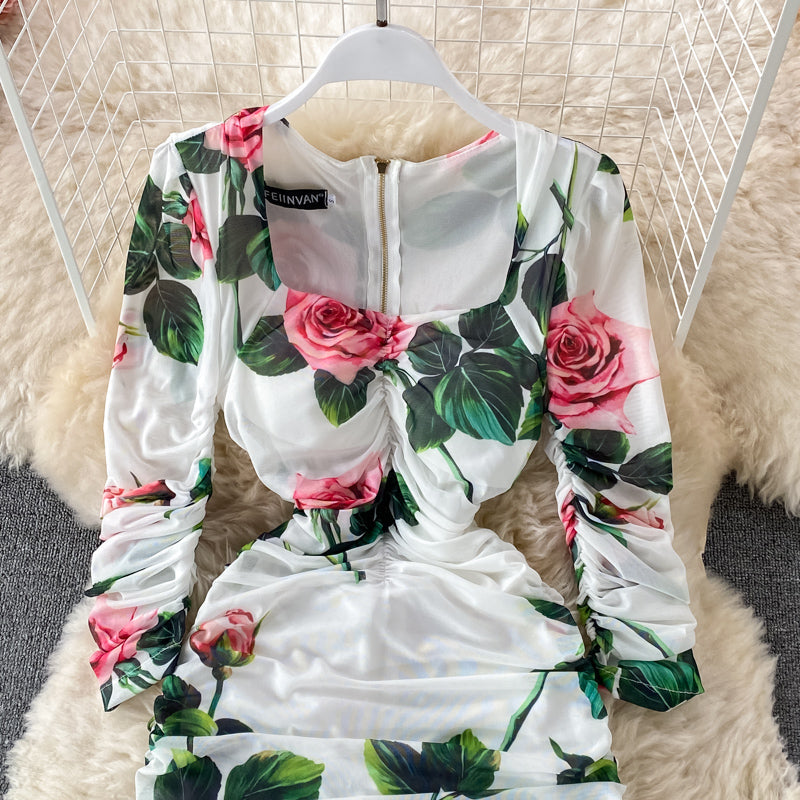 Square Neck Printed Mesh Dress
