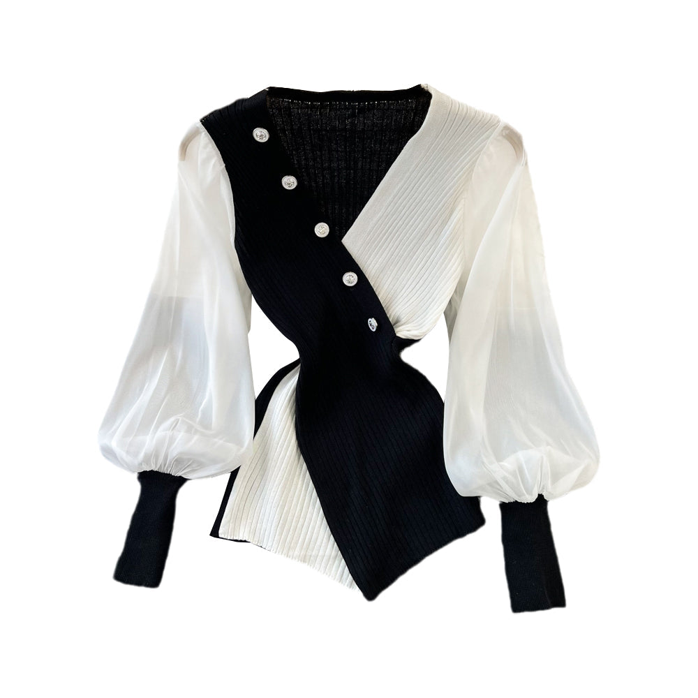 Color Blocking V-neck Patchwork Knitwear