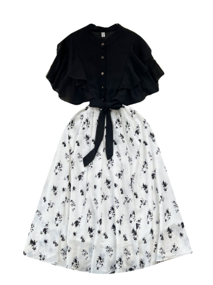 Floral Patchwork Black Shirt Dress