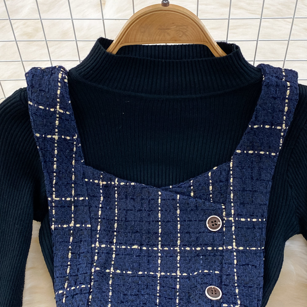 Bottoming Sweater&Plaid Tweed Dress 2Pcs