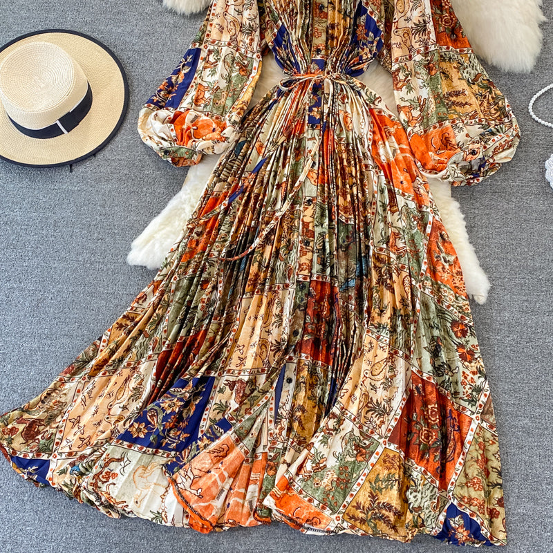 Round Collar Floral Printed Satin Dress