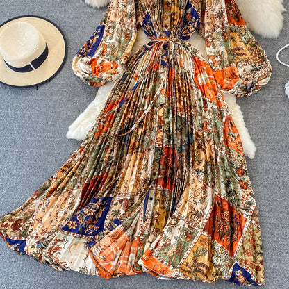 Round Collar Floral Printed Satin Dress