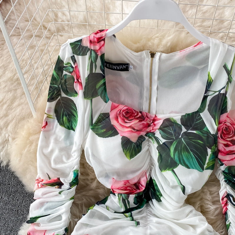 Square Neck Printed Mesh Dress