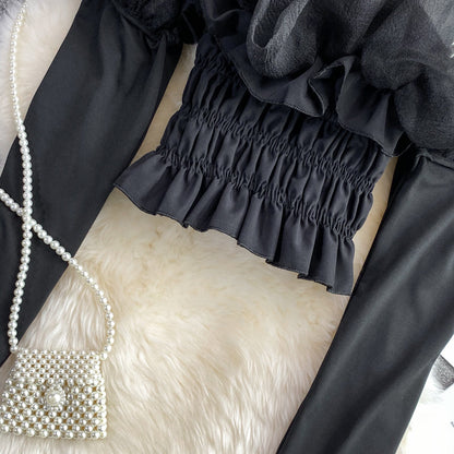 One-shoulder Ruffled Mesh Lace Top