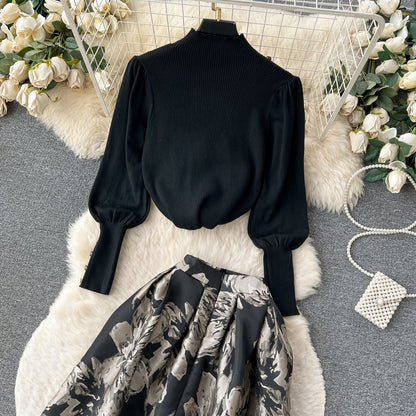 Elegant Knit Floral Jacquard Skirt Set