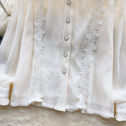 Courtly Long-sleeve Embroidery Lace Blouse
