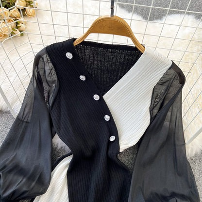 Color Blocking V-neck Patchwork Knitwear