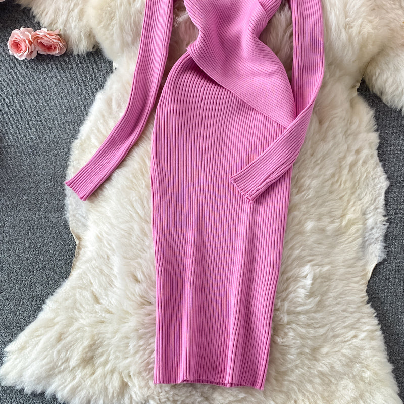 Body-Hugging V-Neck Knitted Gown