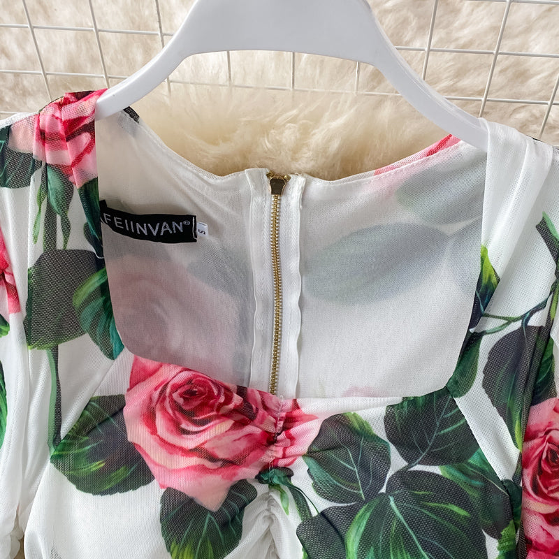 Square Neck Printed Mesh Dress