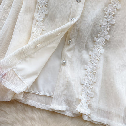 Courtly Long-sleeve Embroidery Lace Blouse