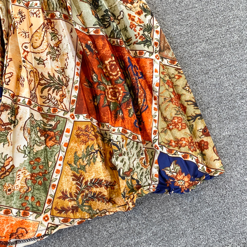 Round Collar Floral Printed Satin Dress
