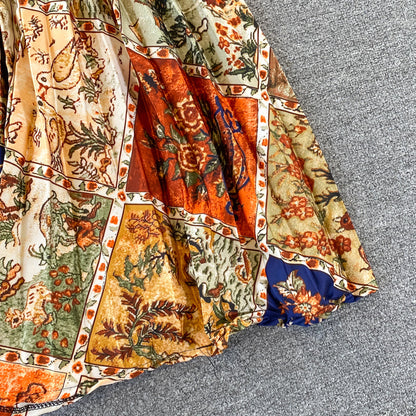 Round Collar Floral Printed Satin Dress