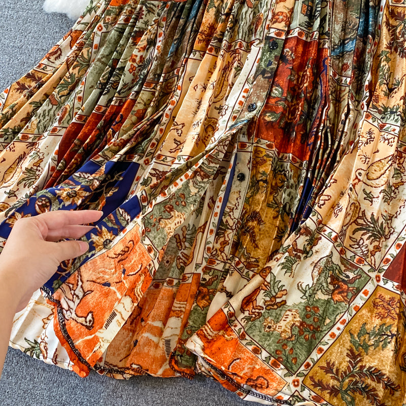 Round Collar Floral Printed Satin Dress