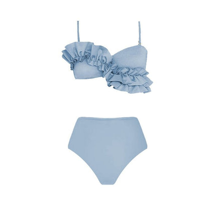 Ruffled Solid Color Tankini&Wrap Skirt 2Pcs