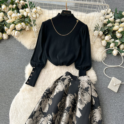 Elegant Knit Floral Jacquard Skirt Set