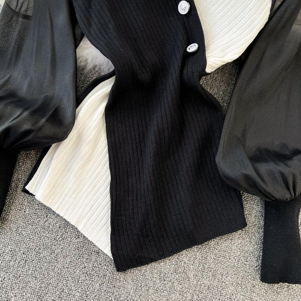 Color Blocking V-neck Patchwork Knitwear