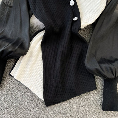 Color Blocking V-neck Patchwork Knitwear