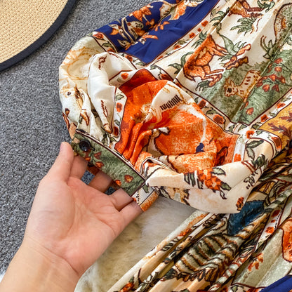Round Collar Floral Printed Satin Dress