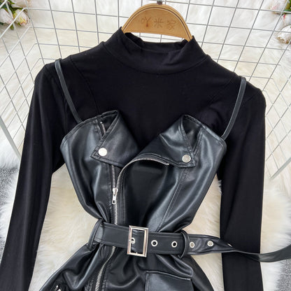 PU Slip Dress&Black Sweater 2Pcs