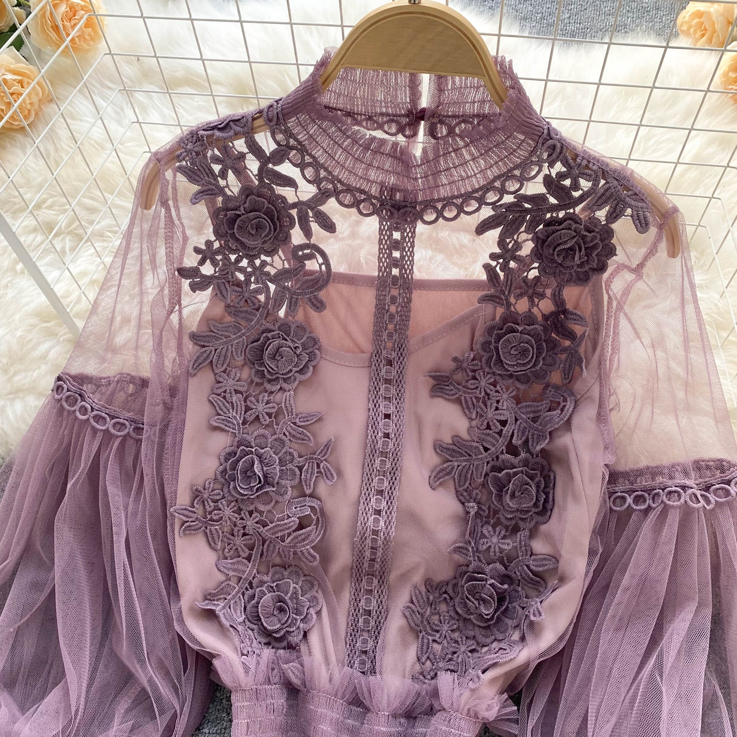 Ethereal Mesh Lantern-Sleeve Blouse