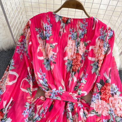 Neck Waist Print V-Neck Pleated Jumpsuit