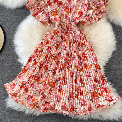 Fairy Ruffle Sleeve Floral Pleated Dress