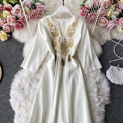 Cotton&Linen Embroidered Tassel dress