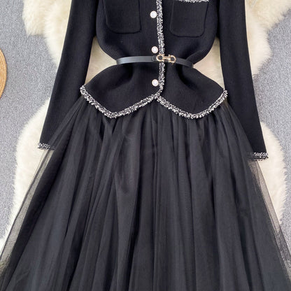 Elegant Cardigan&Slip Mesh Dress 2Pcs