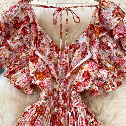 Fairy Ruffle Sleeve Floral Pleated Dress