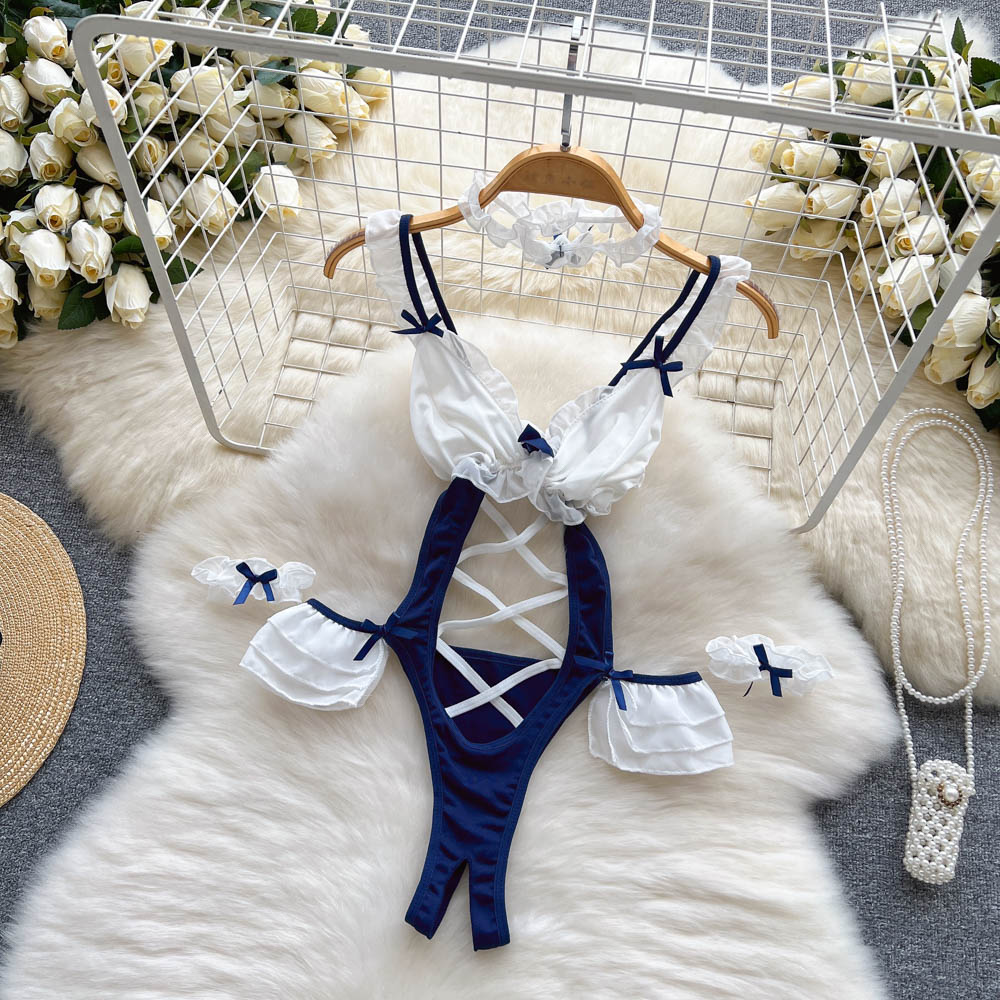 Maid-Themed Panel Lace-Up Romper