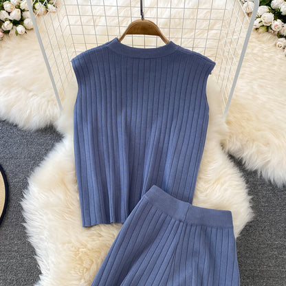 Knit Sleeveless Top Wide Leg Pants Two Piece Set