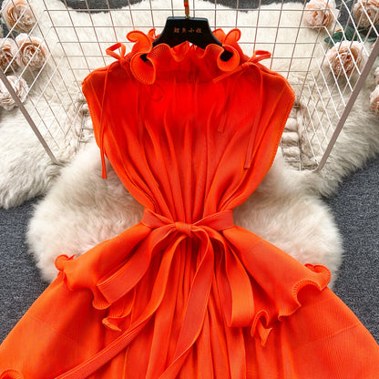 Solid Color Ruffled Sleeveless Dress