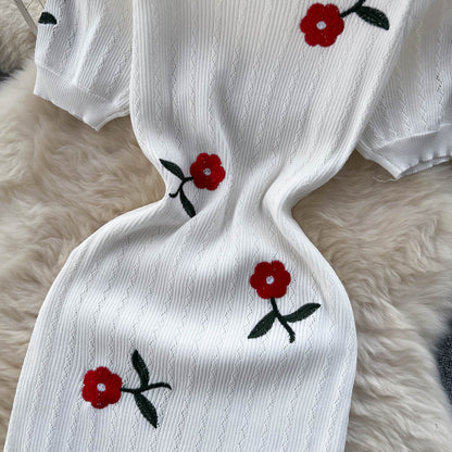 Elegant Embroidered Rose Knitted Dress
