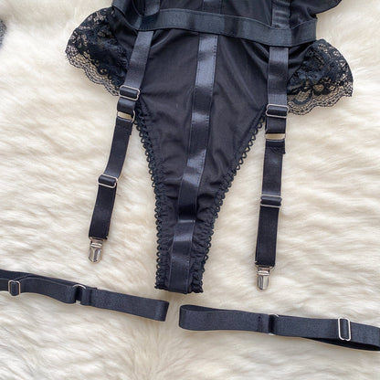 Lace-up Mesh Black Lingerie Set