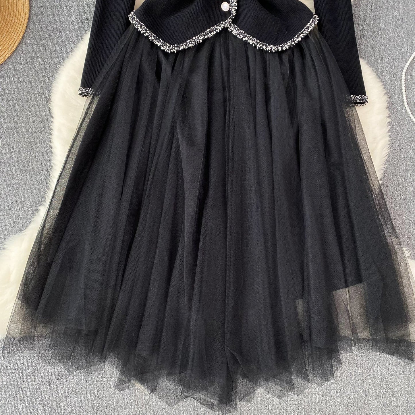 Elegant Cardigan&Slip Mesh Dress 2Pcs