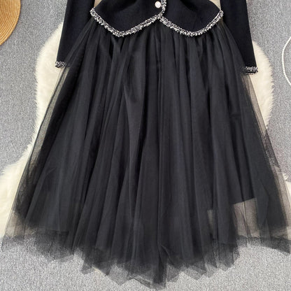 Elegant Cardigan&Slip Mesh Dress 2Pcs