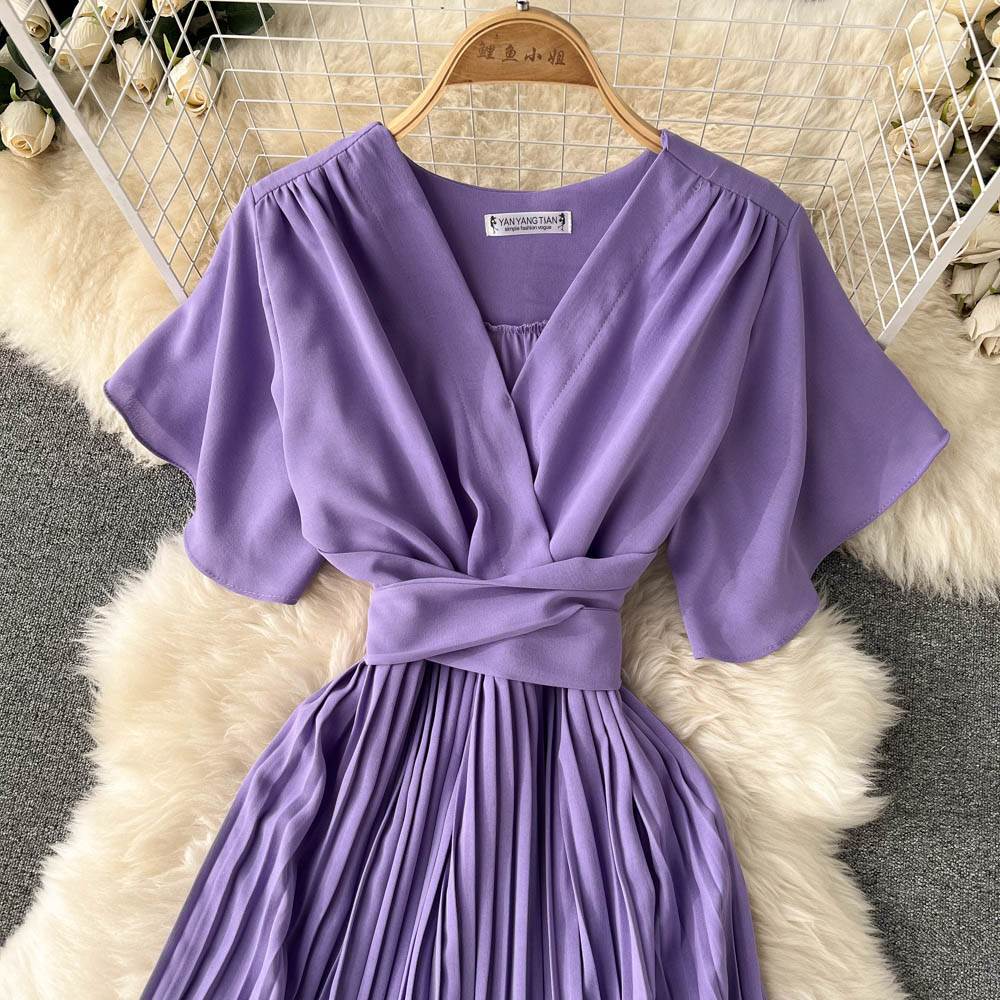 Chiffon Pleated Solid V-Neck Dress